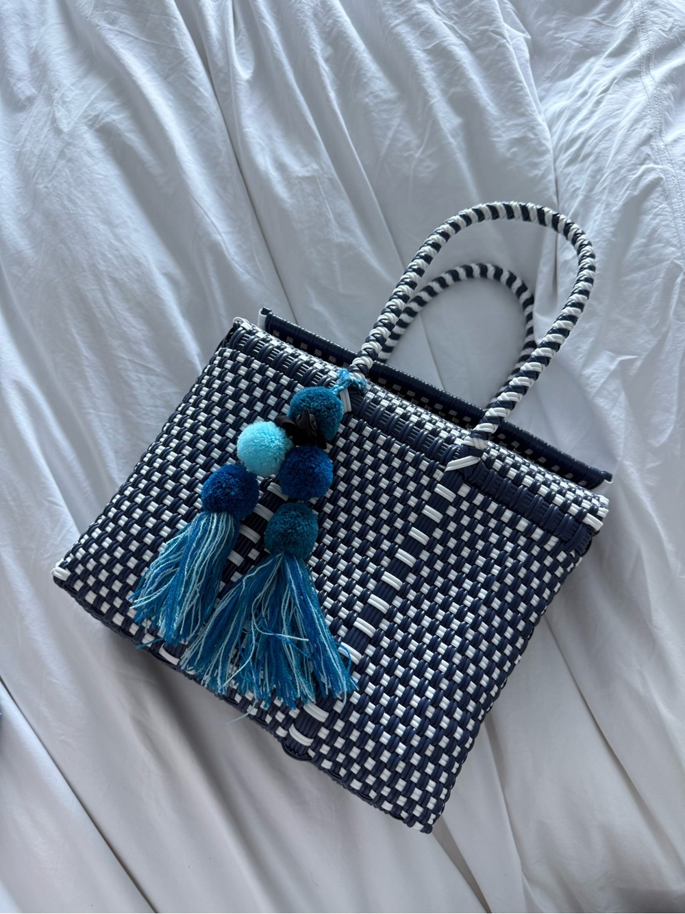 Handwoven Navy & White Tote Bag with Blue Tassels